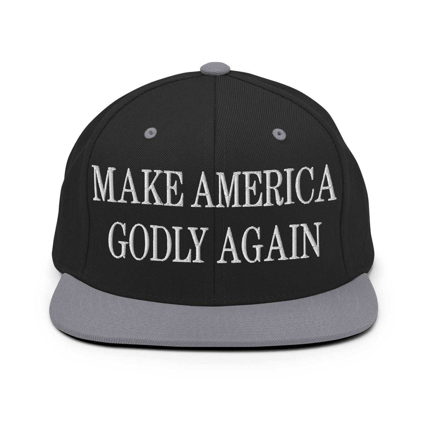 Make America Godly Again Embroidered Flat Bill Brim Snapback Hat Black Silver