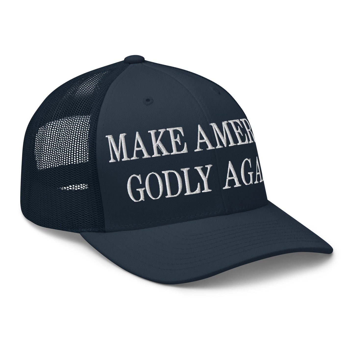 Make America Godly Again Embroidered Mesh Trucker Hat Navy