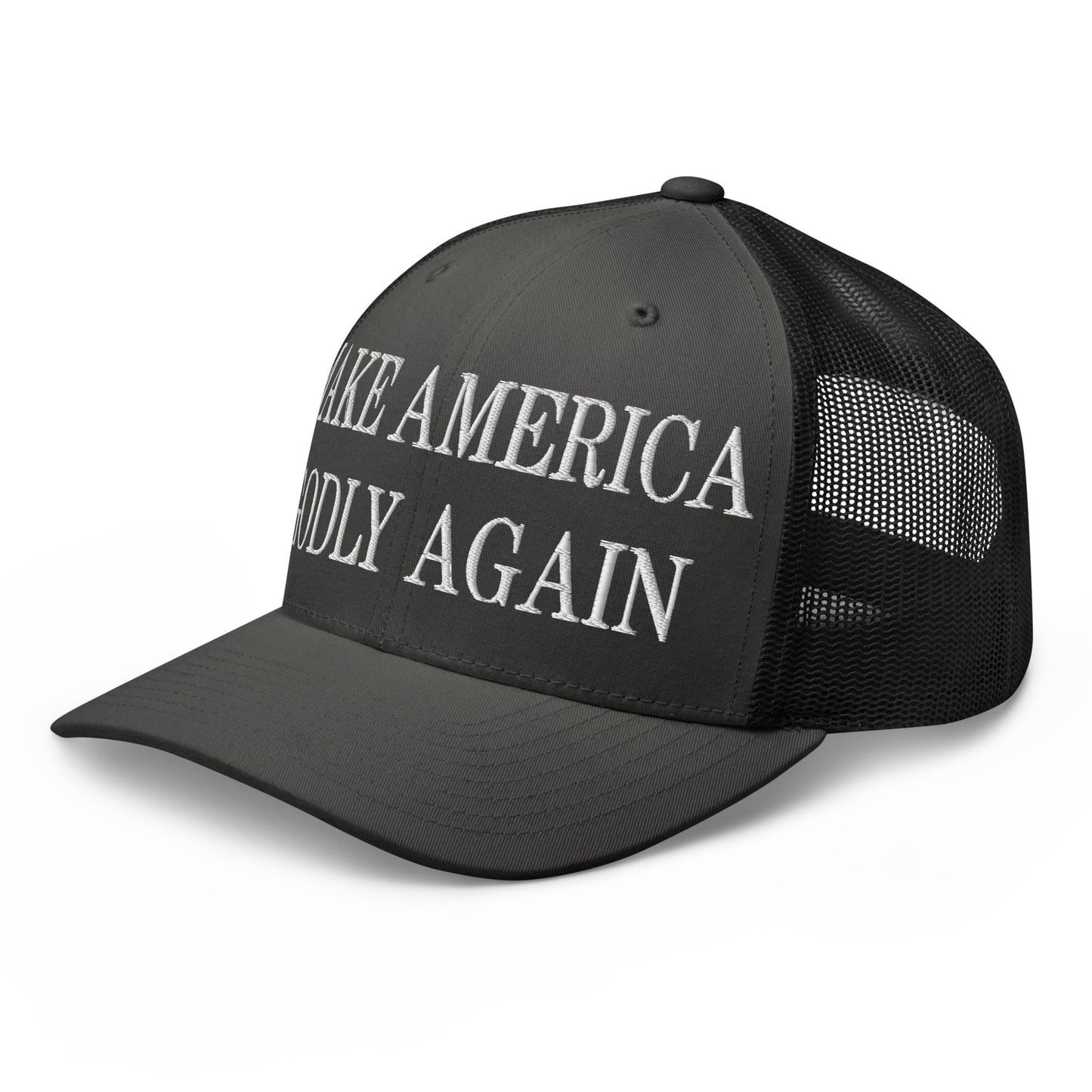 Make America Godly Again Embroidered Mesh Trucker Hat Charcoal Black