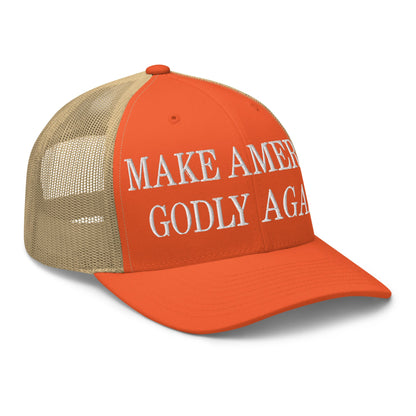 Make America Godly Again Embroidered Mesh Trucker Hat Rustic Orange Khaki