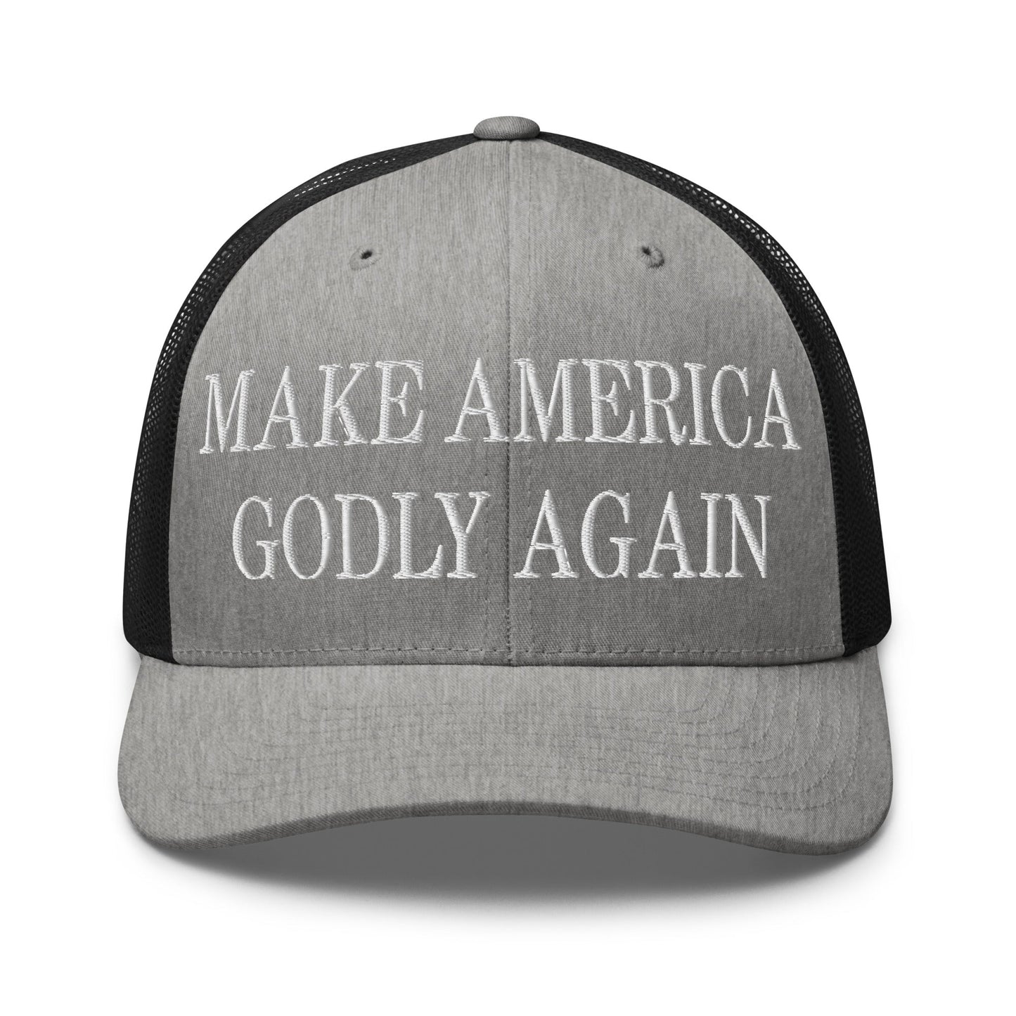 Make America Godly Again Embroidered Mesh Trucker Hat Heather Black