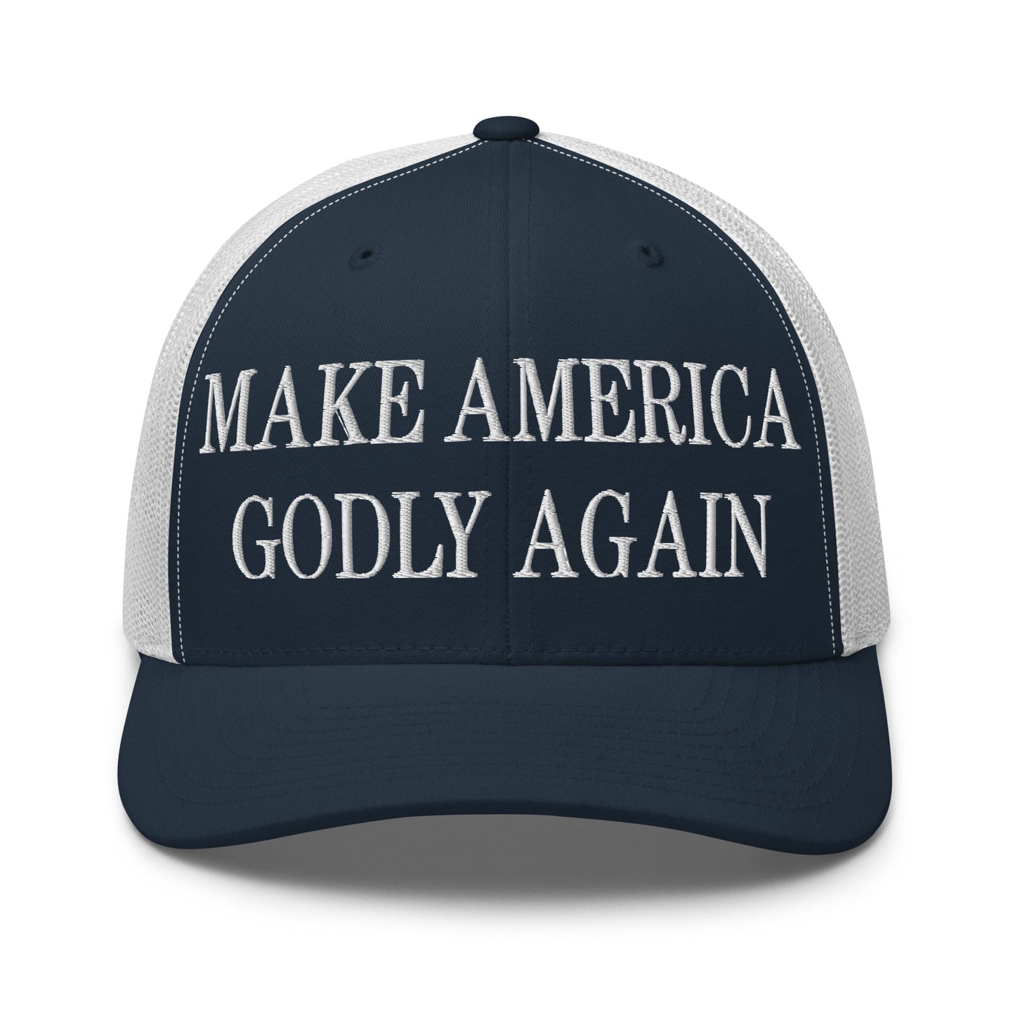 Make America Godly Again Embroidered Mesh Trucker Hat Navy White