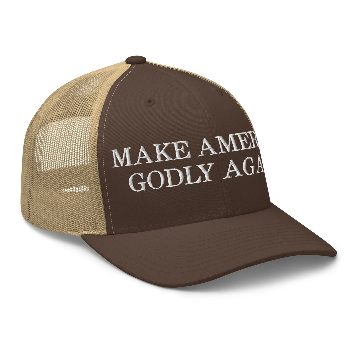 Make America Godly Again Retro Trucker Hat Brown Khaki