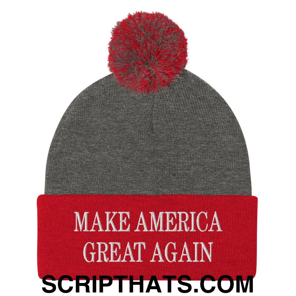 Make America Great Again MAGA Knit Pom Pom Beanie Dark Heather Grey Red