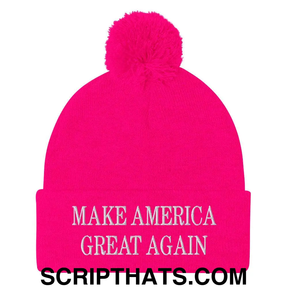 Make America Great Again MAGA Knit Pom Pom Beanie Neon Pink