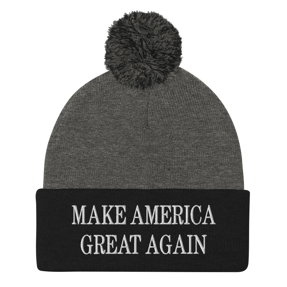 Make America Great Again MAGA Knit Pom Pom Beanie Dark Heather Grey Black