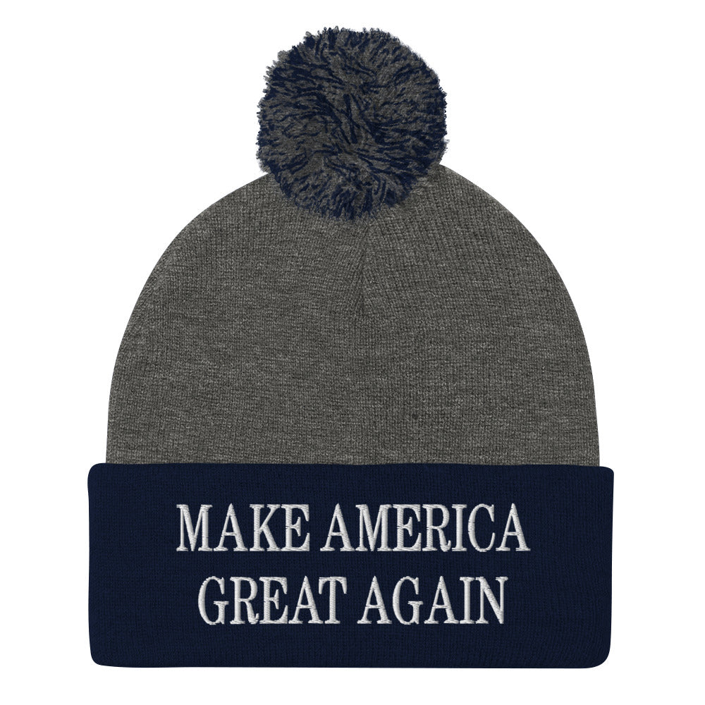 Make America Great Again MAGA Knit Pom Pom Beanie Dark Heather Grey Navy