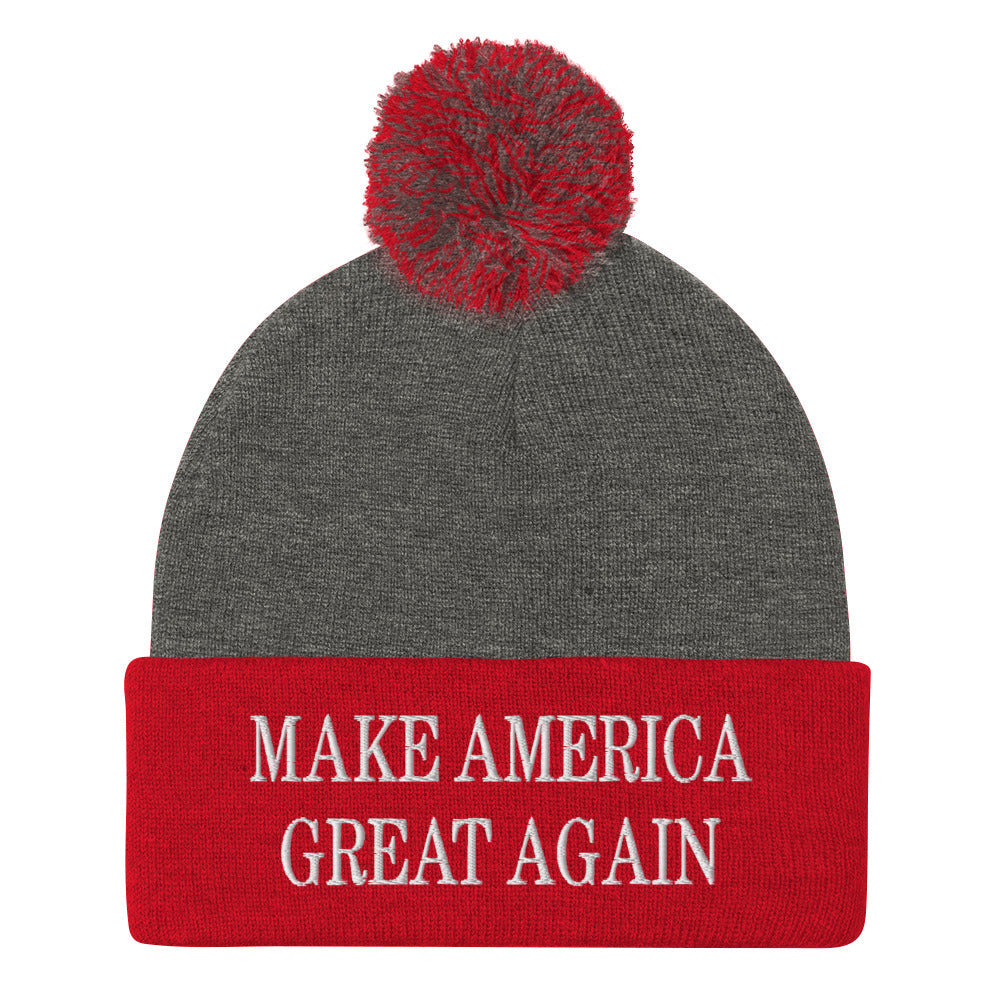 Make America Great Again MAGA Knit Pom Pom Beanie Dark Heather Grey Red