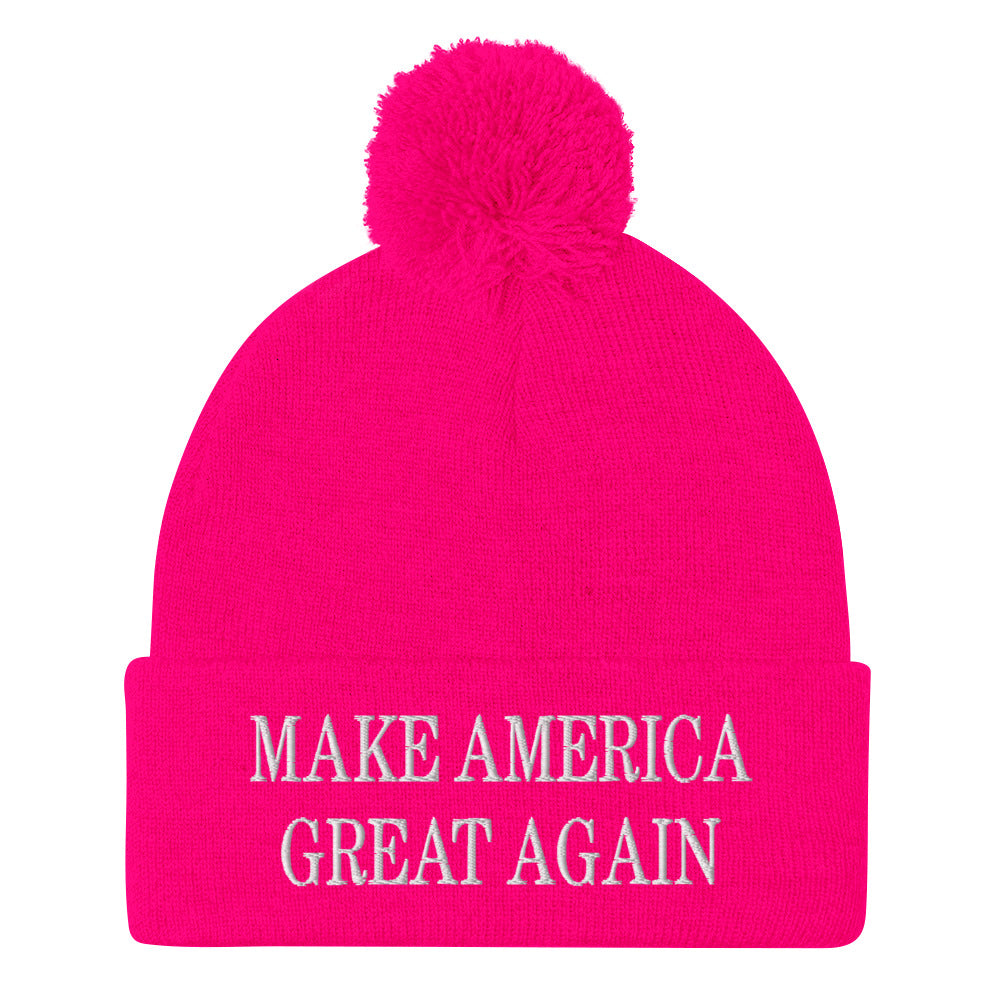 Make America Great Again MAGA Knit Pom Pom Beanie Neon Pink