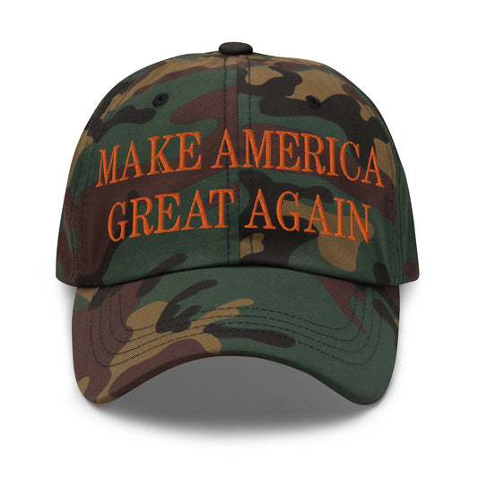 Make America Great Again MAGA Orange Dad Hat Green Camo