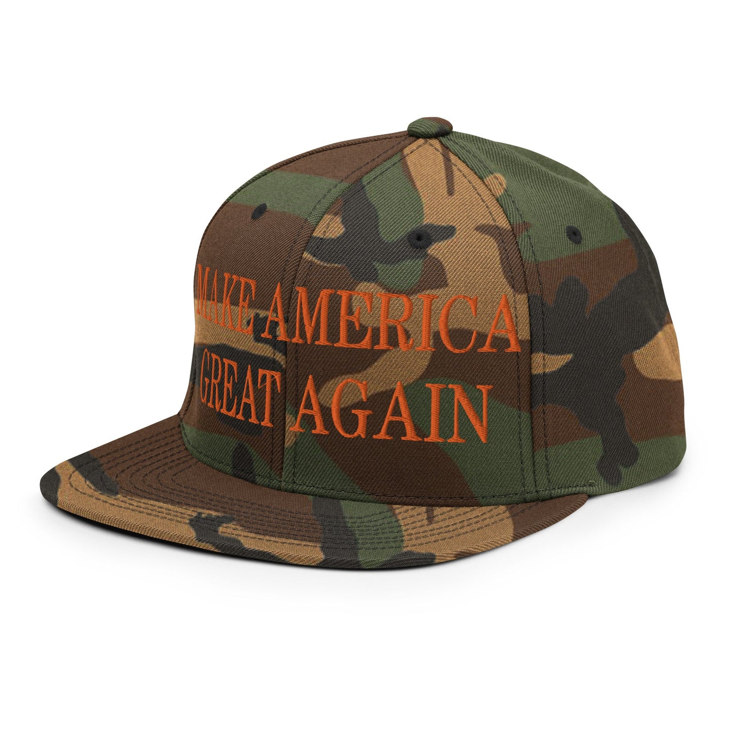 Make America Great Again MAGA Orange Flat Bill Brim Snapback Hat Green Camo