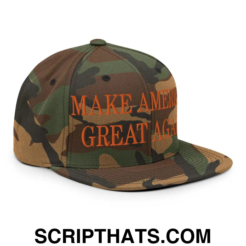 Make America Great Again MAGA Orange Flat Bill Brim Snapback Hat Green Camo