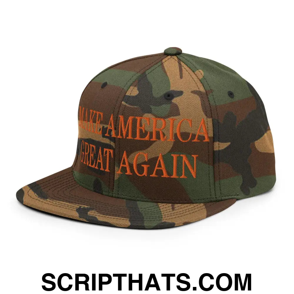 Make America Great Again MAGA Orange Flat Bill Brim Snapback Hat Green Camo