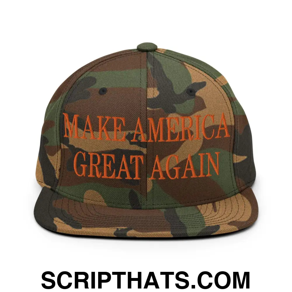 Make America Great Again MAGA Orange Flat Bill Brim Snapback Hat Green Camo