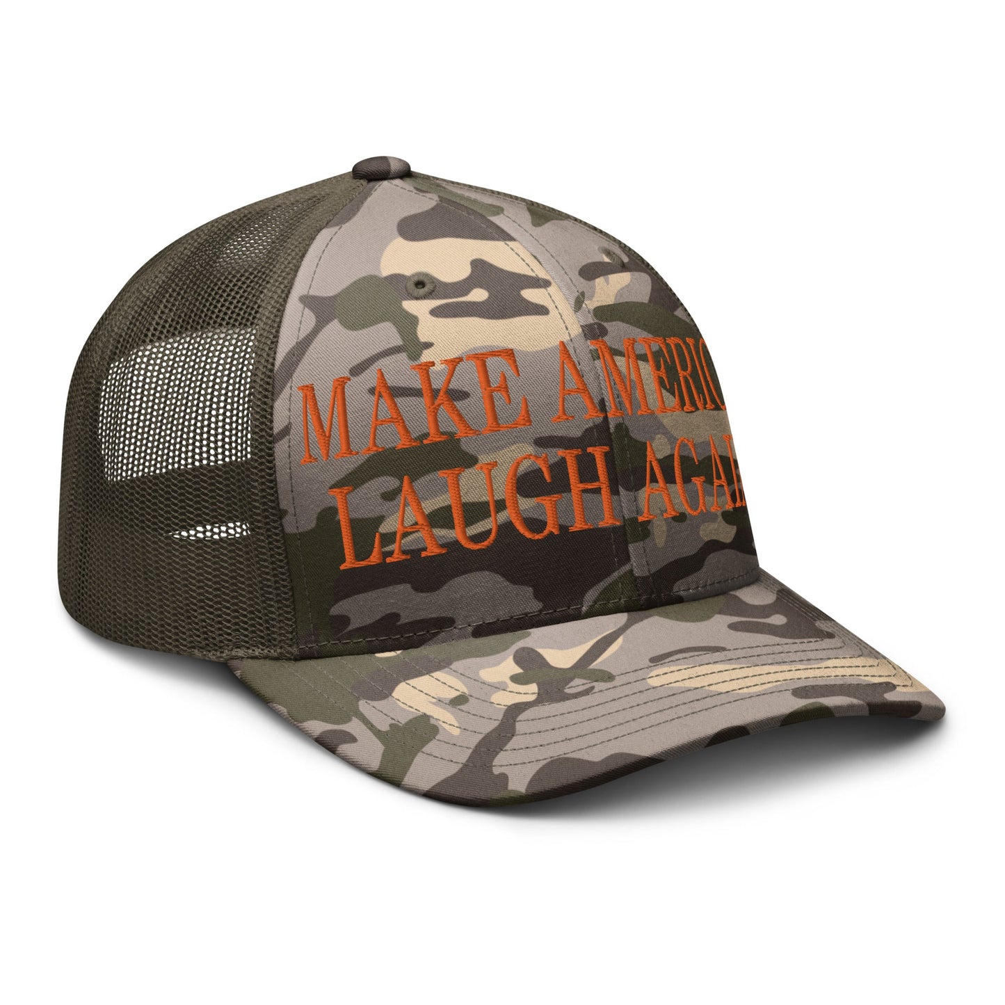 Make America Laugh Again Camo Trucker Hat Orange Camo Olive