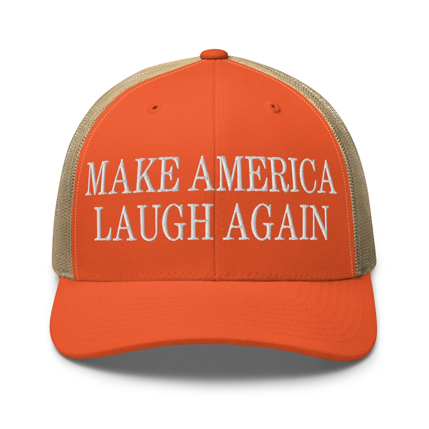 Make America Laugh Again Mesh Trucker Hat Rustic Orange Khaki