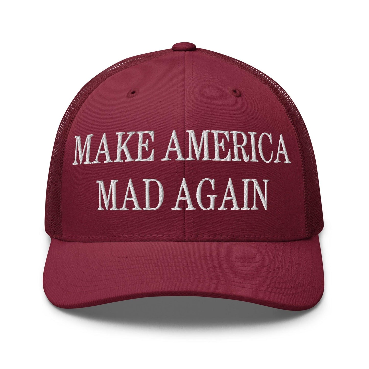 Make America Mad Again Embroidered Mesh Trucker Hat Cranberry