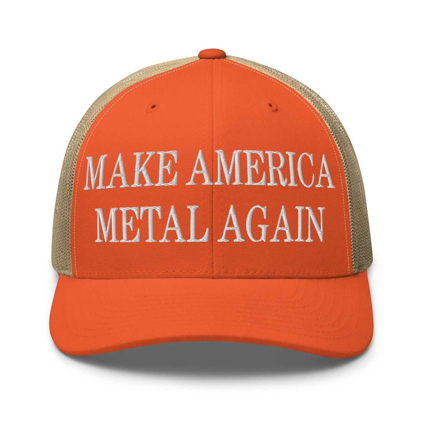 Make America Metal Again Embroidered Mesh Trucker Hat Rustic Orange Khaki