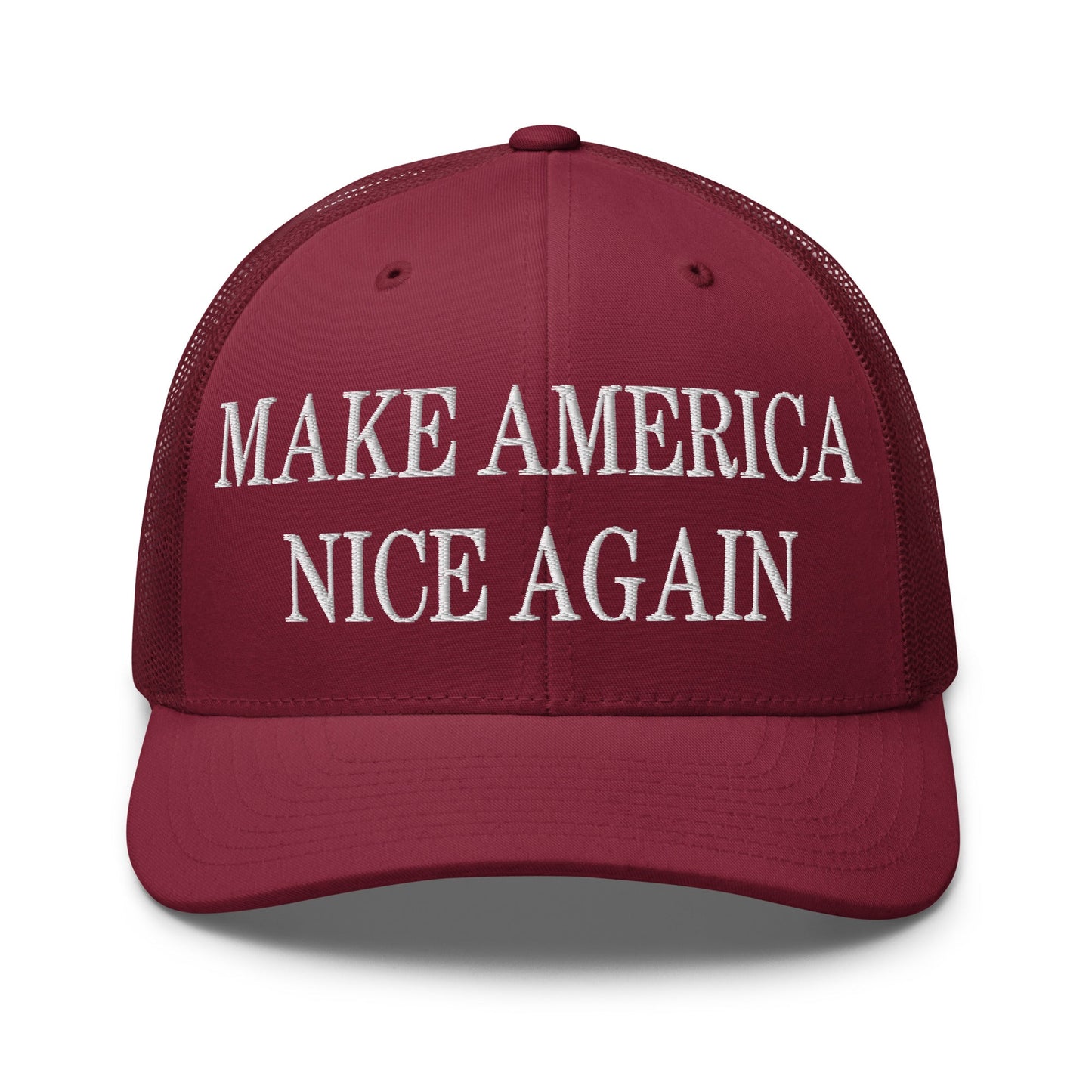 Make America Nice Again Embroidered Mesh Trucker Hat Cranberry