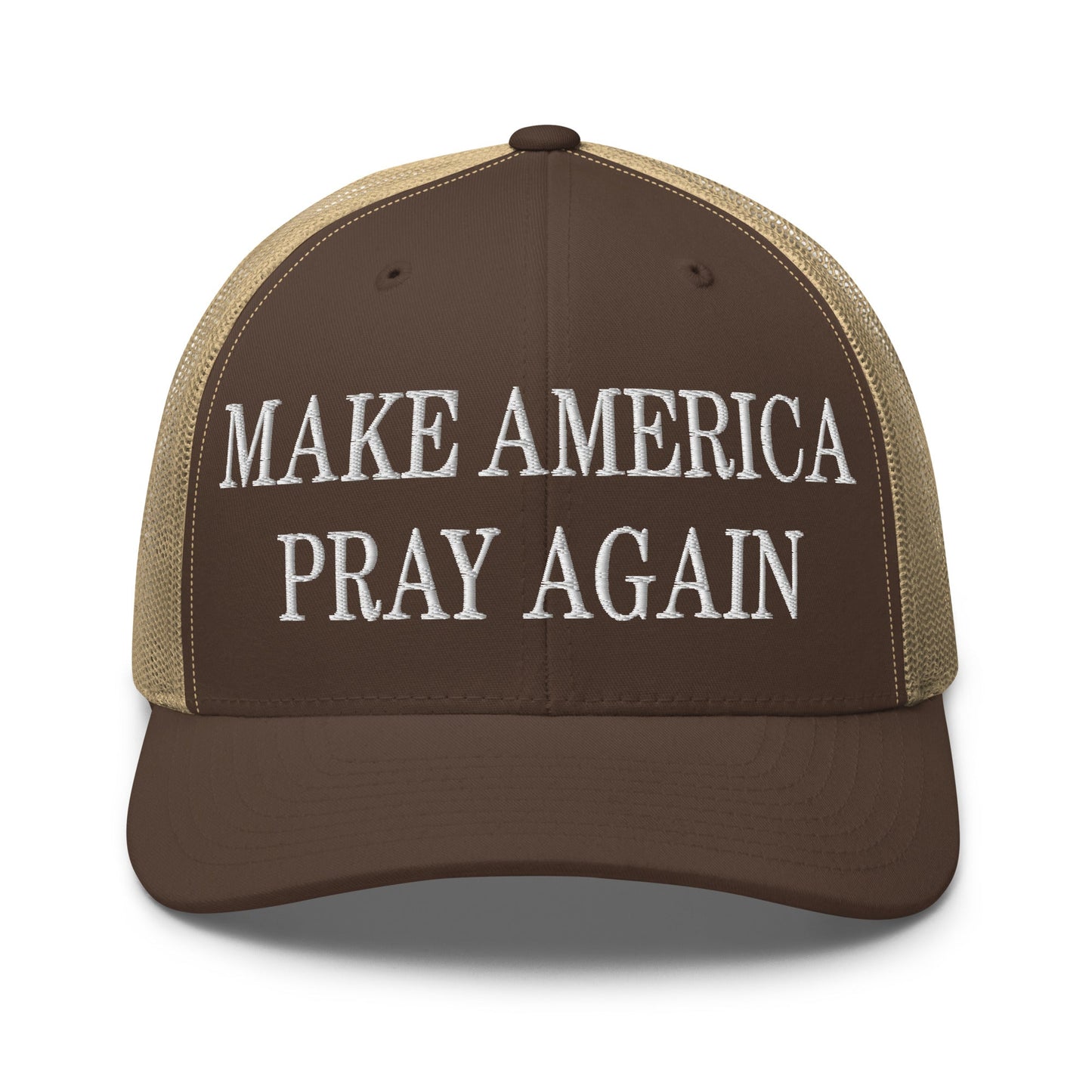 Make America Pray Again Embroidered Mesh Trucker Hat Brown Khaki