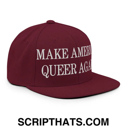 Make America Queer Again Embroidered Flat Bill Brim Snapback Hat Maroon