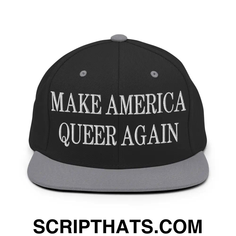 Make America Queer Again Embroidered Flat Bill Brim Snapback Hat Black Silver