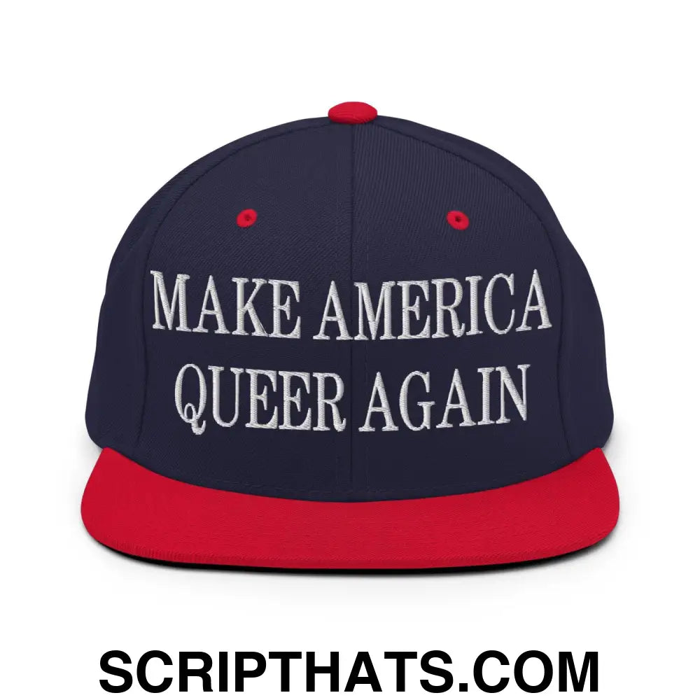 Make America Queer Again Embroidered Flat Bill Brim Snapback Hat Navy Red