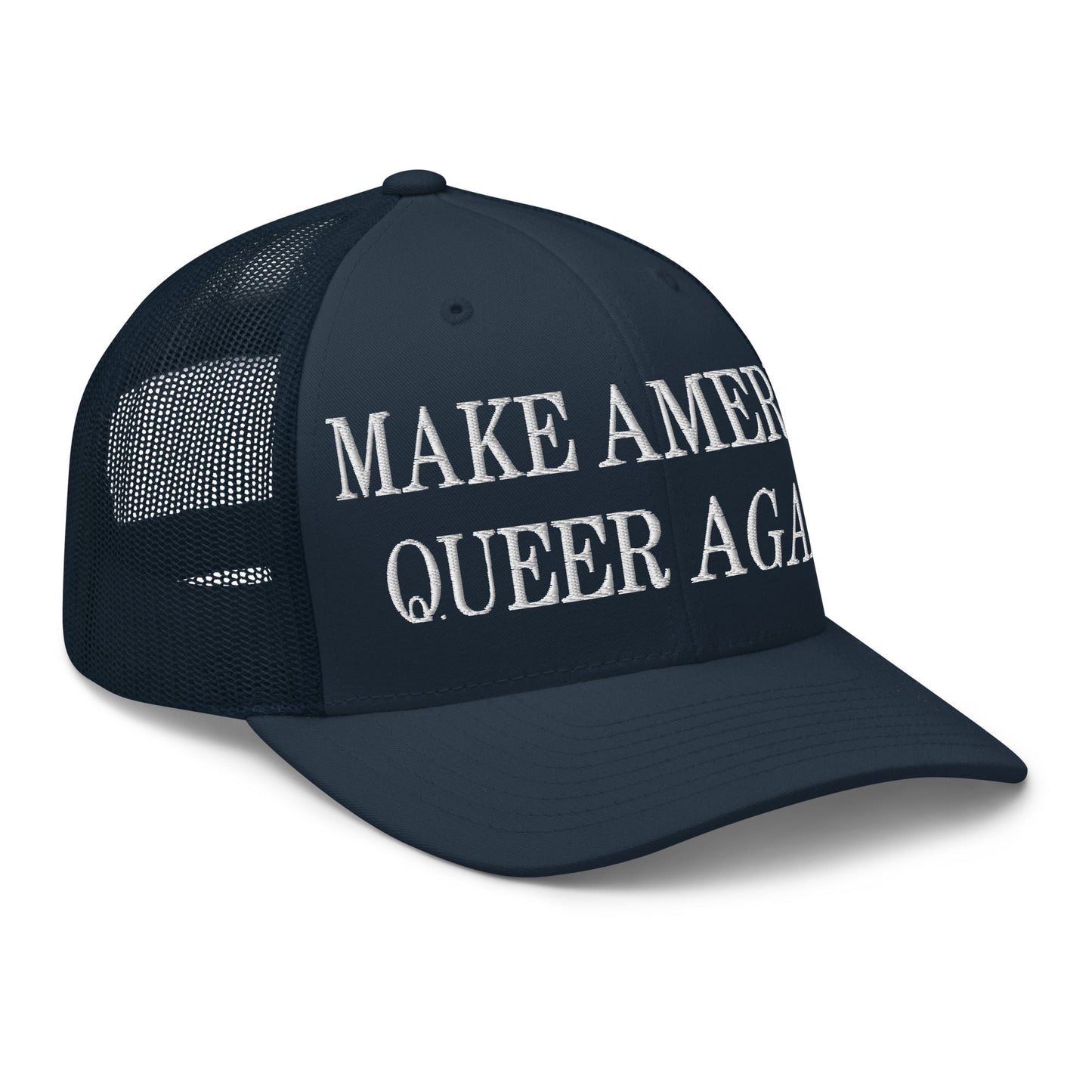 Make America Queer Again Embroidered Mesh Trucker Hat Navy