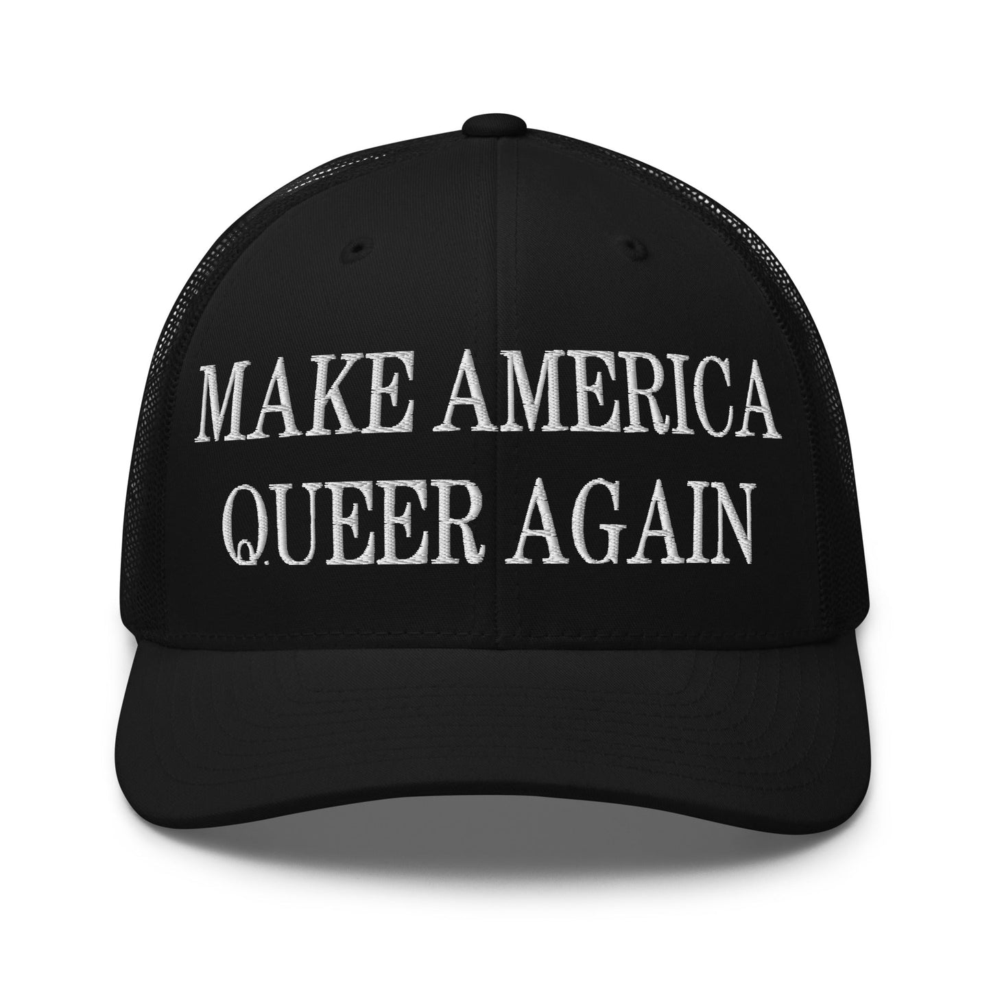 Make America Queer Again Embroidered Mesh Trucker Hat Black