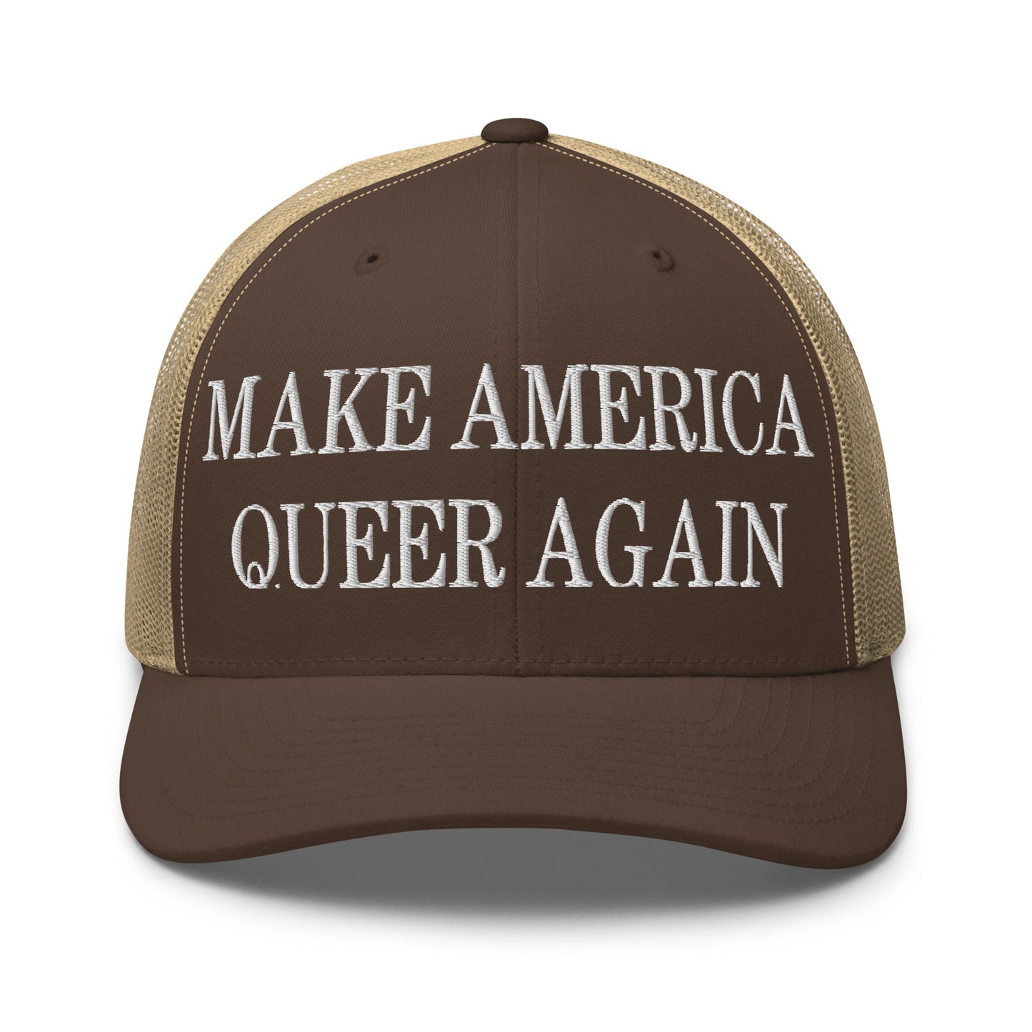 Make America Queer Again Embroidered Mesh Trucker Hat Brown Khaki