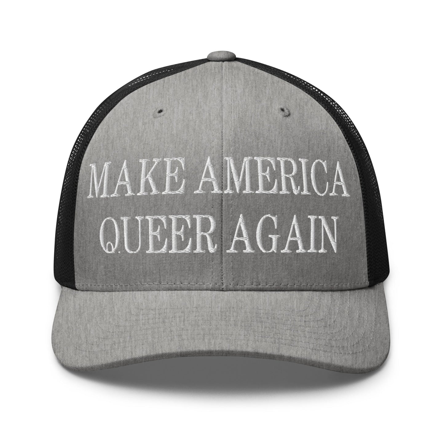 Make America Queer Again Embroidered Mesh Trucker Hat Heather Black