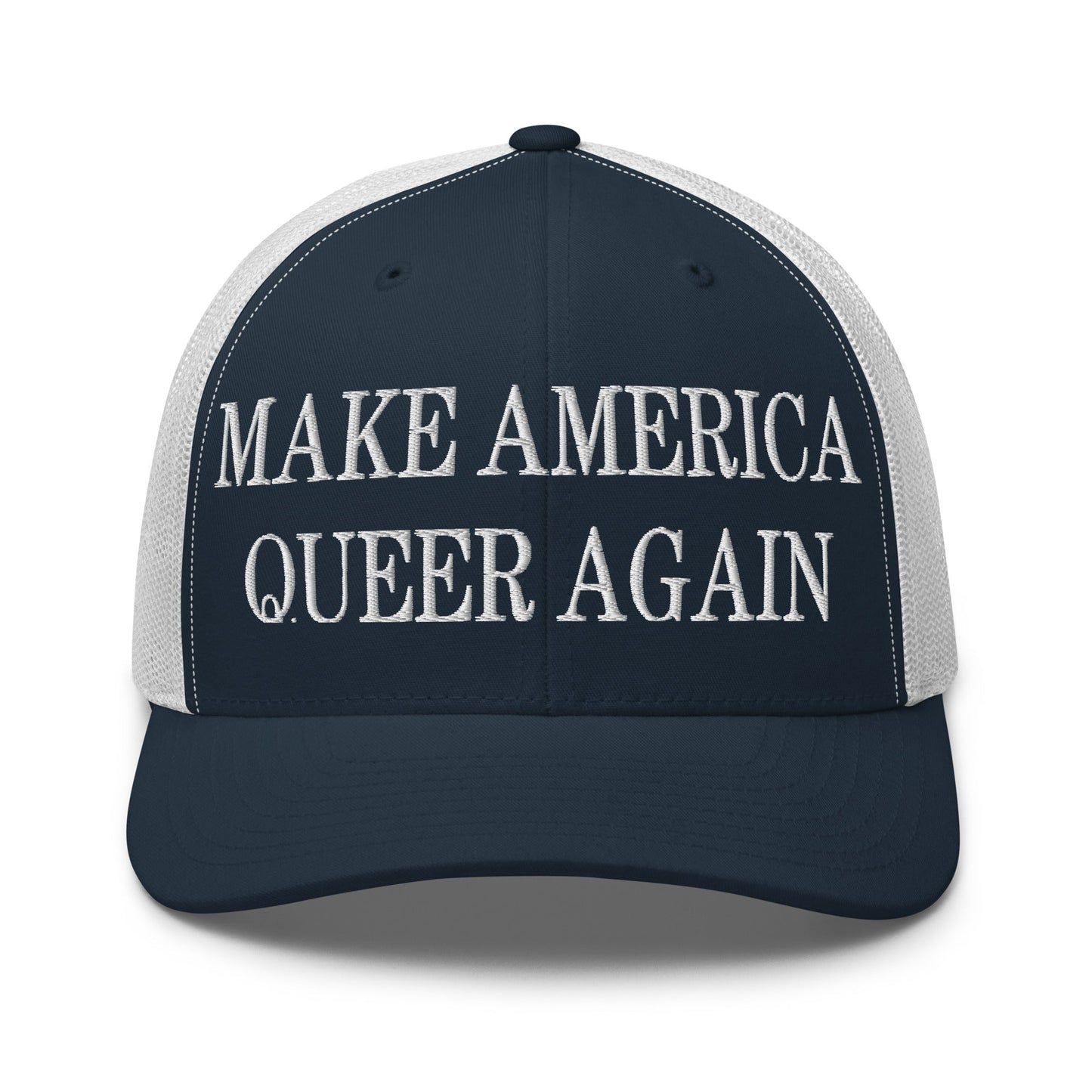 Make America Queer Again Embroidered Mesh Trucker Hat Navy White