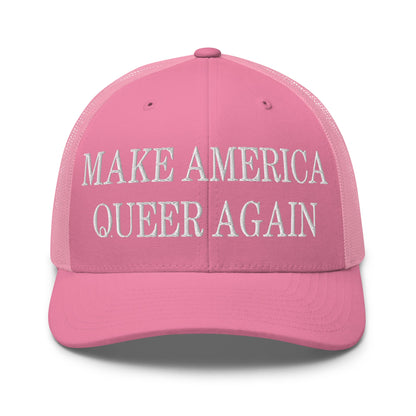 Make America Queer Again Embroidered Mesh Trucker Hat Pink