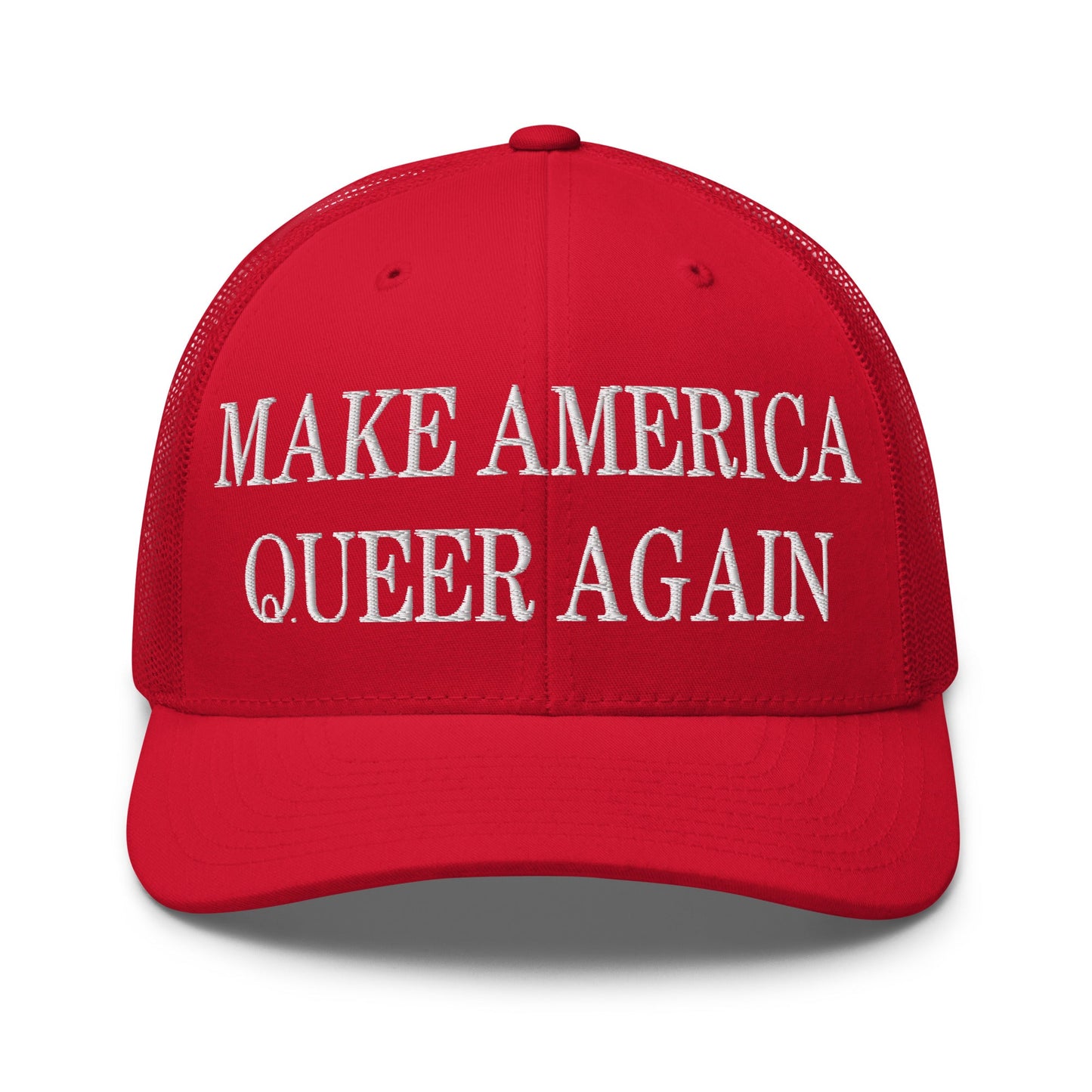 Make America Queer Again Embroidered Mesh Trucker Hat Red