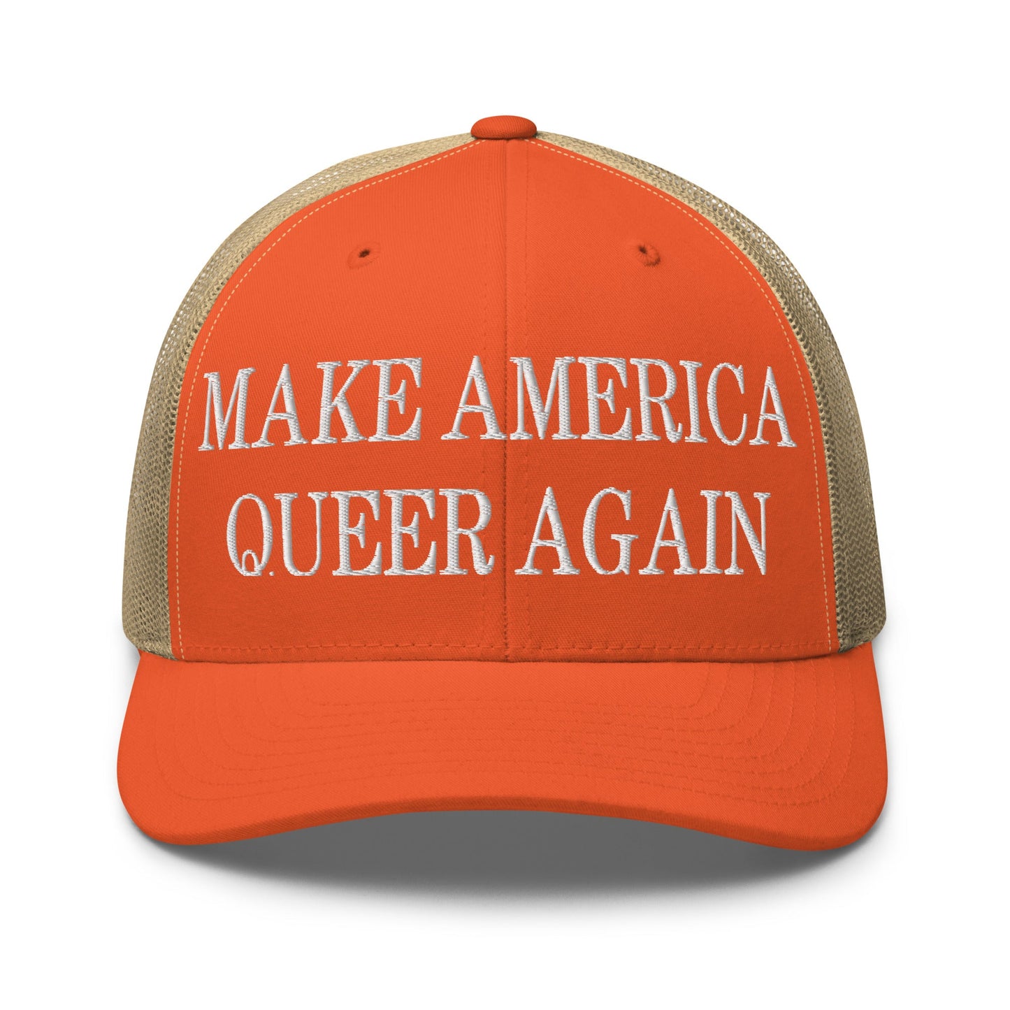 Make America Queer Again Embroidered Mesh Trucker Hat Rustic Orange Khaki