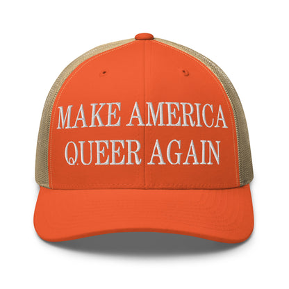 Make America Queer Again Embroidered Mesh Trucker Hat Rustic Orange Khaki