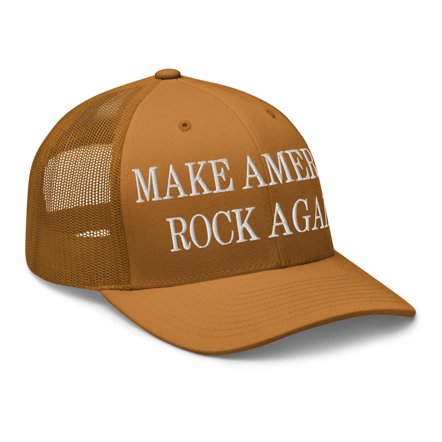 Make America Rock Again Embroidered Mesh Trucker Hat Caramel