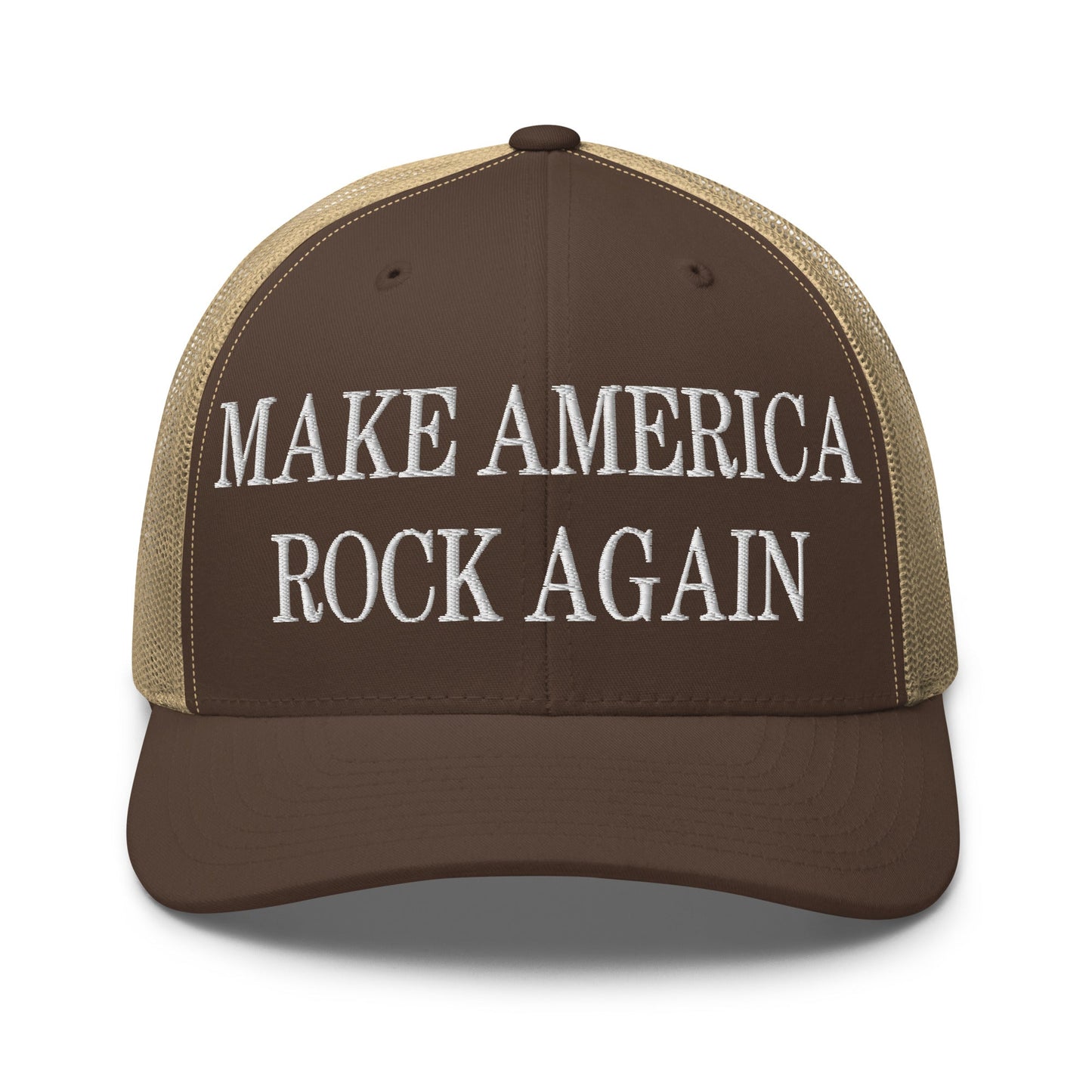 Make America Rock Again Embroidered Mesh Trucker Hat Brown Khaki