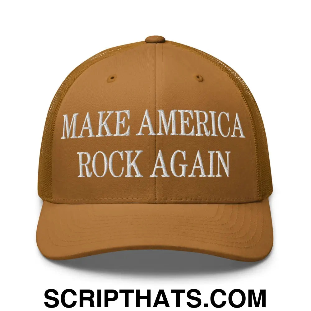 Make America Rock Again Embroidered Mesh Trucker Hat Caramel