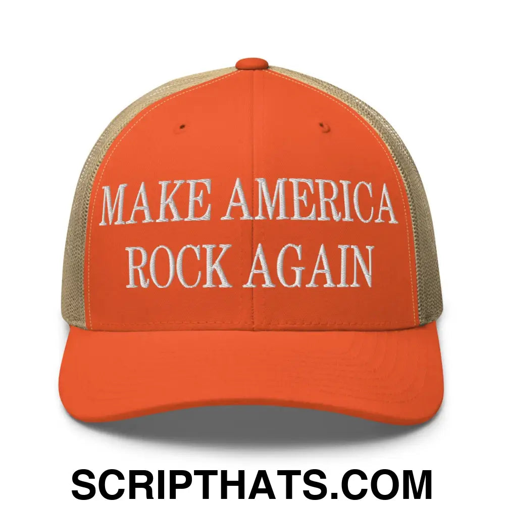 Make America Rock Again Embroidered Mesh Trucker Hat Rustic Orange Khaki