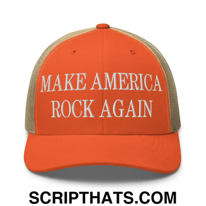 Make America Rock Again Embroidered Mesh Trucker Hat Rustic Orange Khaki