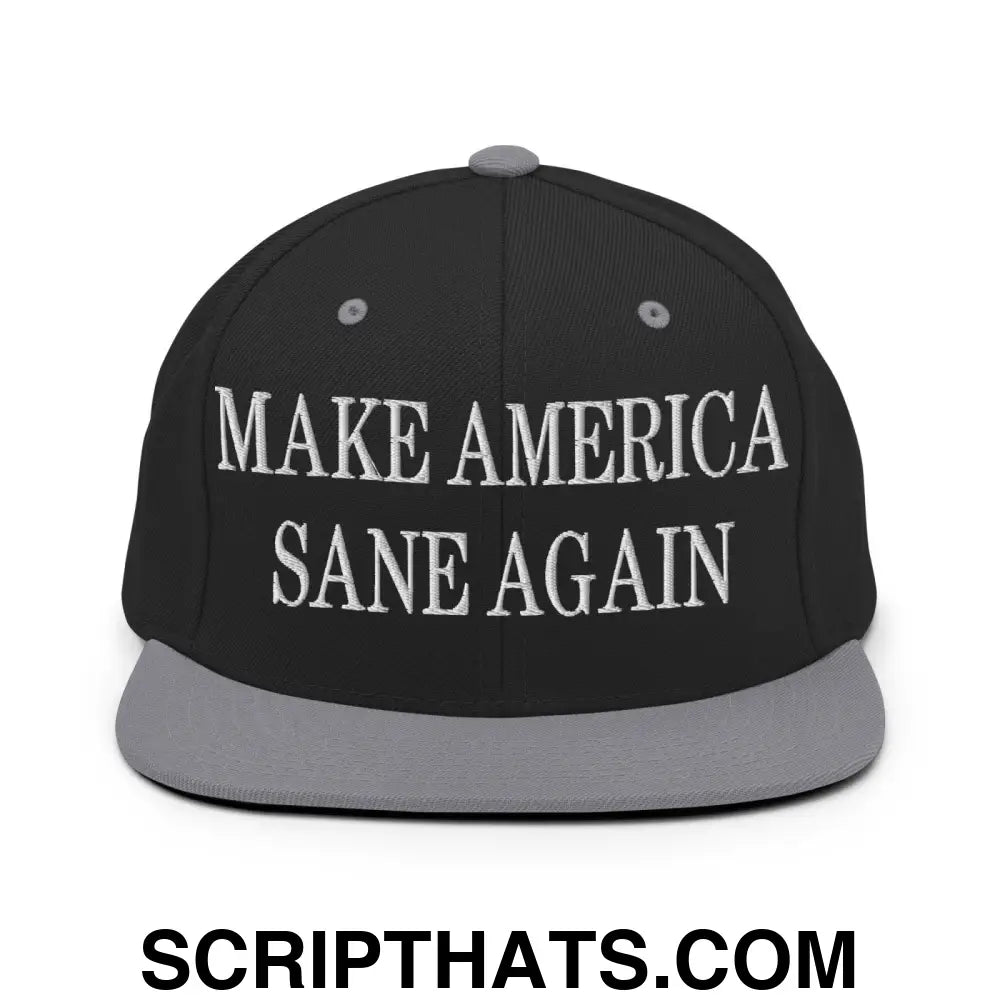 Make America Sane Again Embroidered Flat Bill Brim Snapback Hat Black Silver