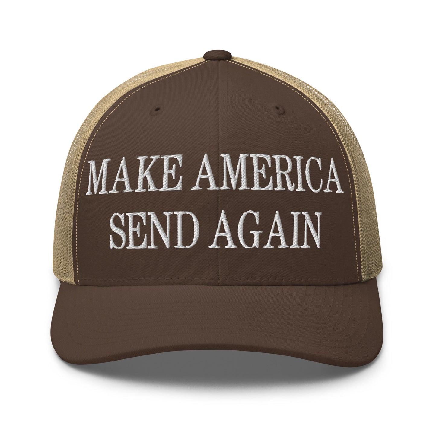 Make America Send Again Embroidered Mesh Trucker Hat Brown Khaki