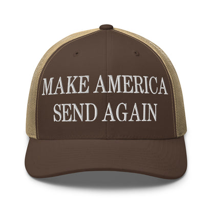 Make America Send Again Embroidered Mesh Trucker Hat Brown Khaki