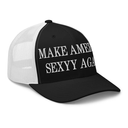 Make America Sexyy Again Embroidered Mesh Trucker Hat Black White