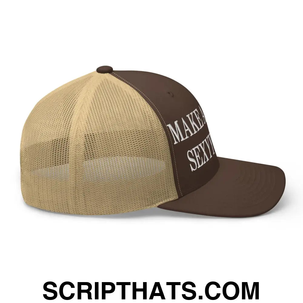 Make America Sexyy Again Embroidered Mesh Trucker Hat Brown Khaki