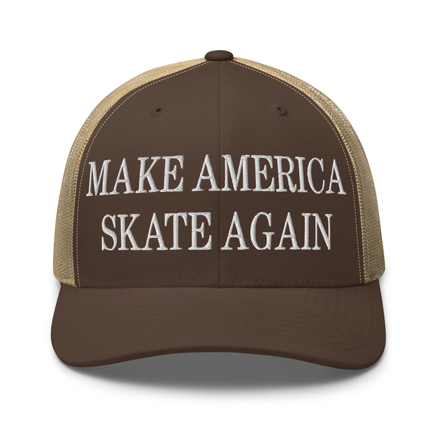 Make America Skate Again Embroidered Mesh Trucker Hat Brown Khaki