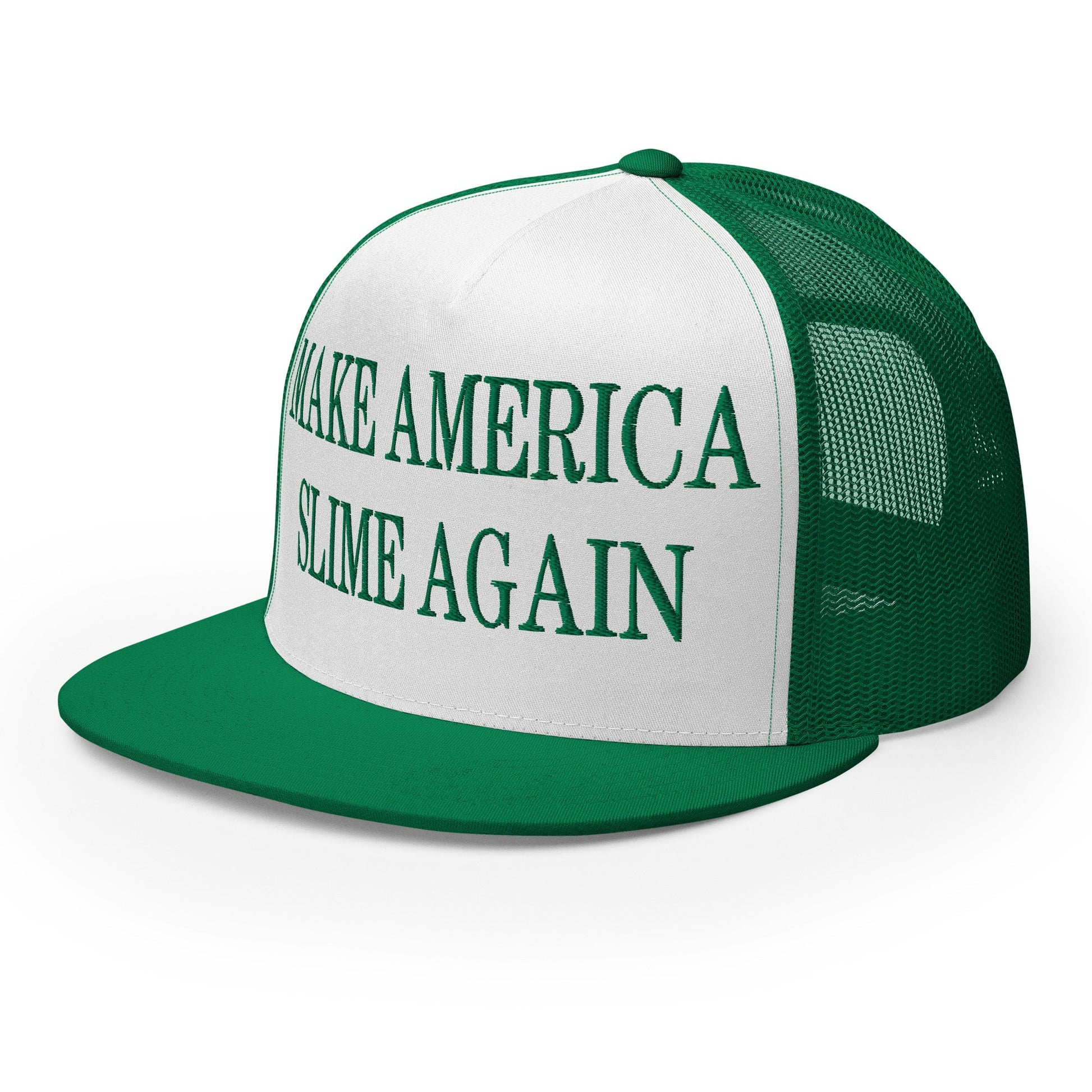 Make America Slime Again Embroidered Flat Bill Brim Trucker Hat Kelly White Kelly