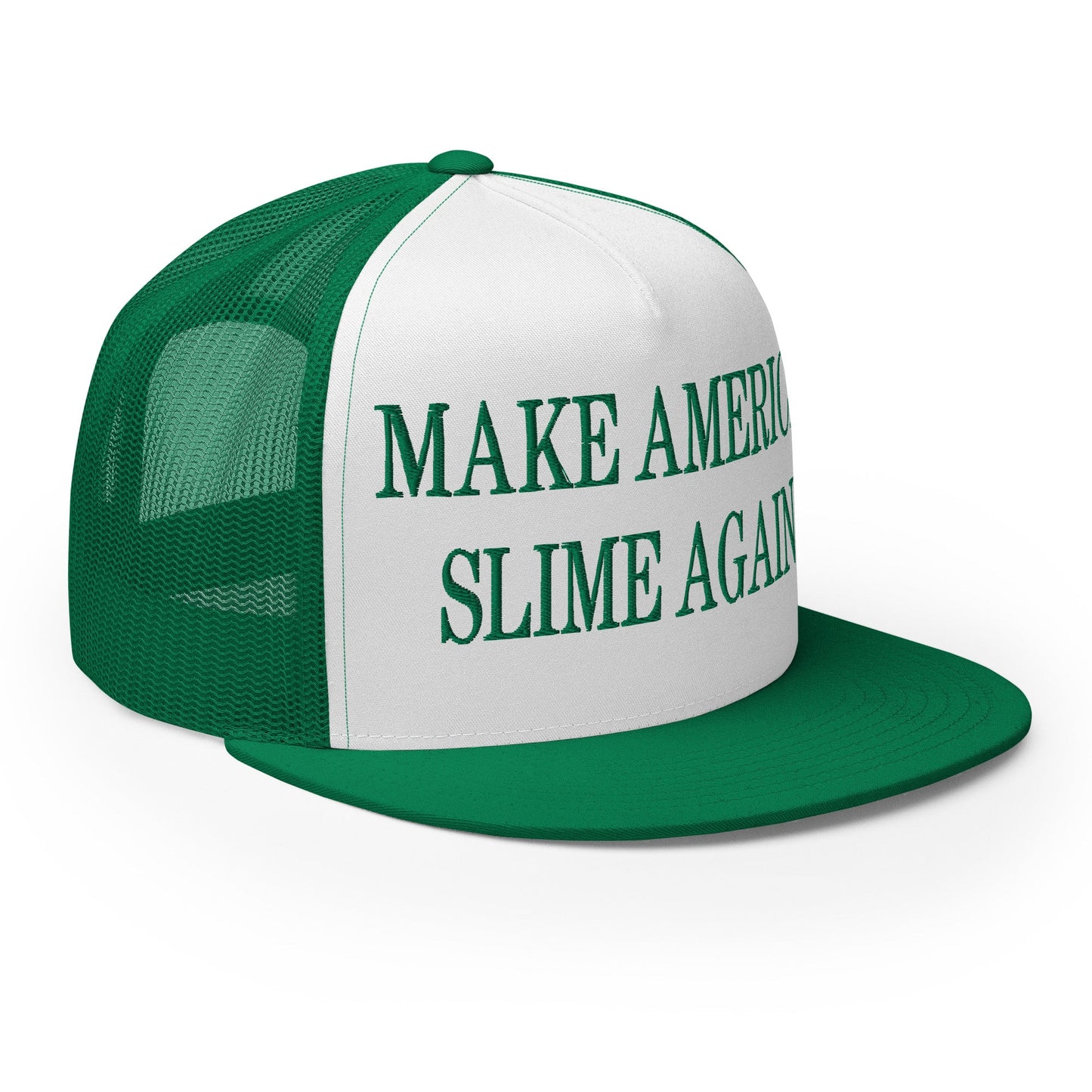 Make America Slime Again Embroidered Flat Bill Brim Trucker Hat Kelly White Kelly