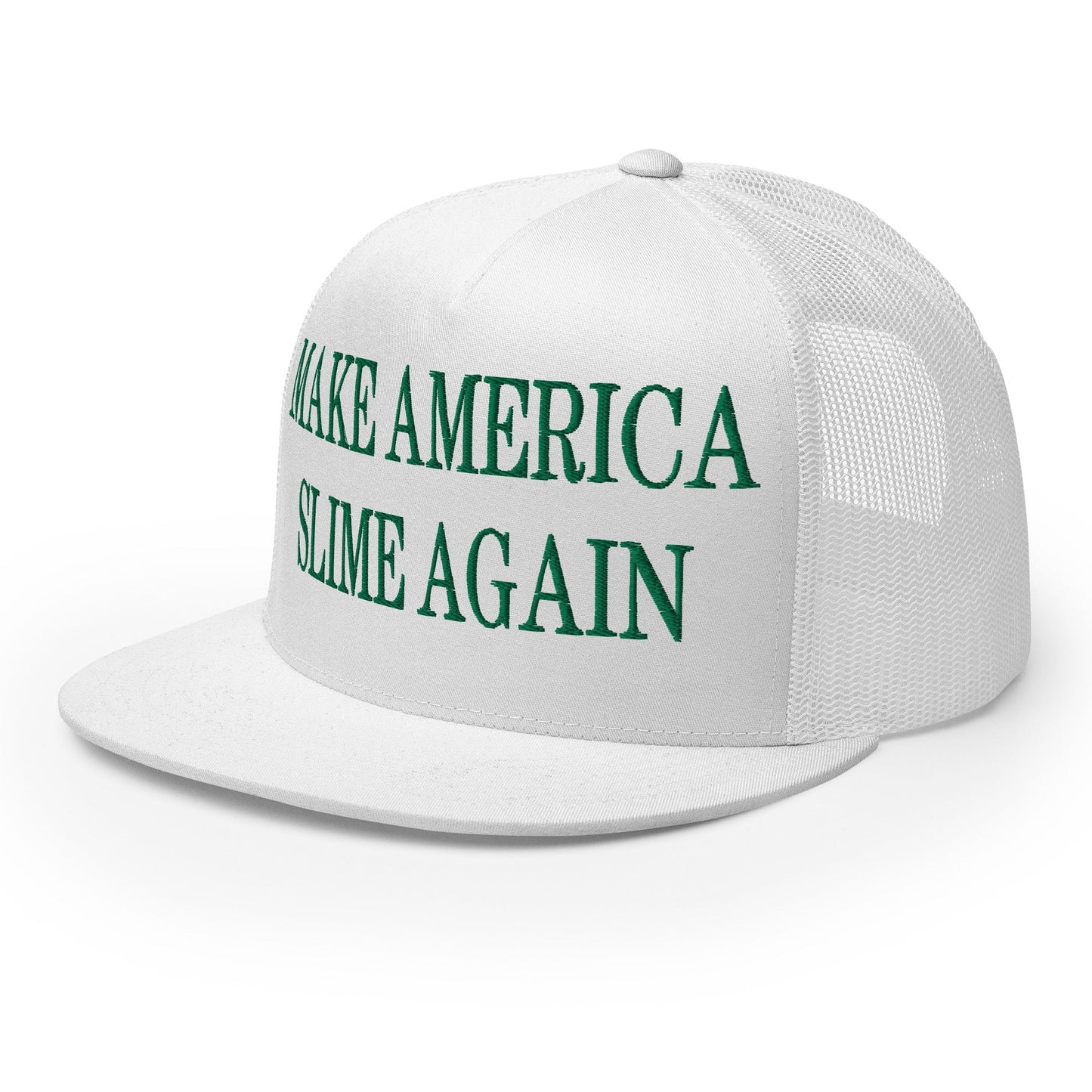 Make America Slime Again Embroidered Flat Bill Brim Trucker Hat White